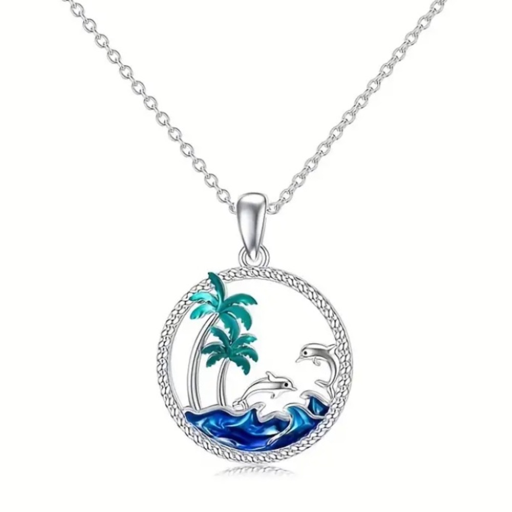 Tropical Palm Tree Ocean Dolphin Silver Toned Necklace